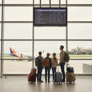 Gezin met koffers op de luchthaven kijkt naar vertrekbord terwijl vliegtuig klaarstaat, symbool voor goedkopere vliegtickets en veranderende vakantieprijzen.