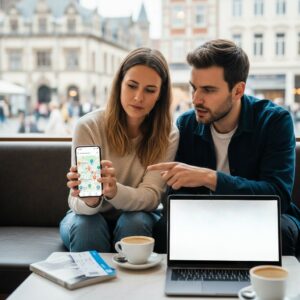 Stel plant een stedentrip met AI op smartphone terwijl ze reistips bespreekt in een café