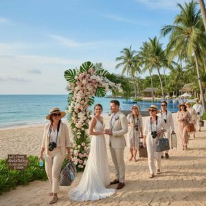Buitenlandse bruiloft met bruidspaar en gasten met bagage op tropisch strand