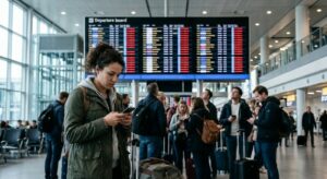 Reizigers op luchthaven kijken naar vertrekbord met meerdere geannuleerde vluchten en naar hun reisverzekering.