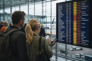 Reizigers bekijken vertrekbord op een drukke Europese luchthaven terwijl vluchten vertraagd of aangepast zijn.