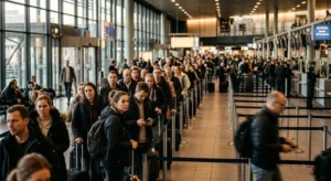 Lange rij reizigers bij paspoortcontrole op Schiphol luchthaven