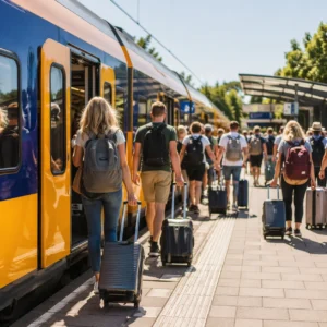 Reizigers stappen in een Nederlandse trein op een zonnig station tijdens de zomer