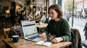 Reiziger vergelijkt vluchten op laptop met paspoort in hand tijdens het plannen van een reis