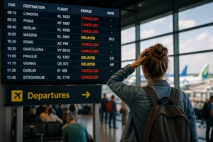 Geannuleerde vluchten op vertrekbord in luchthaven met reiziger die bezorgd kijkt naar de informatie