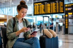 Solo reiziger bekijkt reisdocumenten en telefoon op een luchthaven.