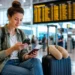 Solo reiziger bekijkt reisdocumenten en telefoon op een luchthaven.
