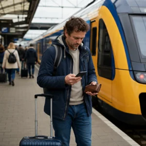 Reiziger op treinstation controleert telefoon naast trein