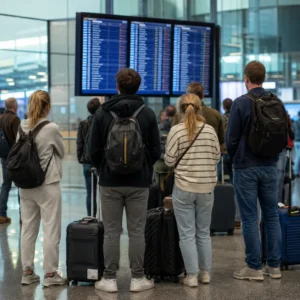 Reizigers wachten op luchthaven na reisverstoring